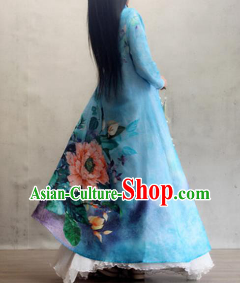 Chinese Traditional Stand Collar Qipao Dress Woman Costume National Printing Peony Blue Cheongsam