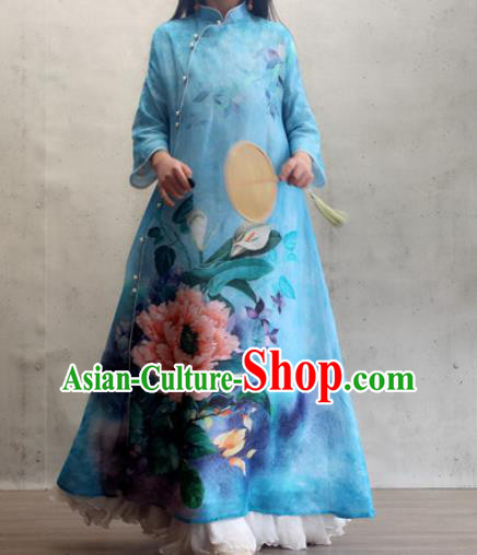 Chinese Traditional Stand Collar Qipao Dress Woman Costume National Printing Peony Blue Cheongsam