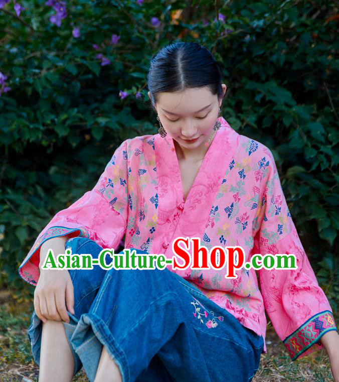 Chinese Tang Suit Embroidered Pink Jacket Traditional National Woman Costume