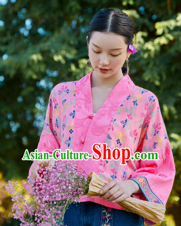 Chinese Tang Suit Embroidered Pink Jacket Traditional National Woman Costume