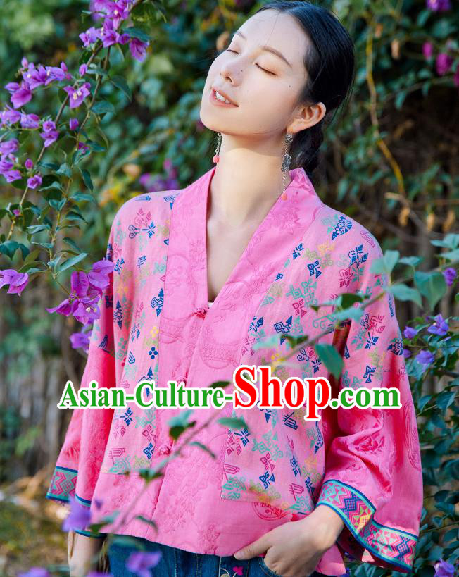 Chinese Tang Suit Embroidered Pink Jacket Traditional National Woman Costume