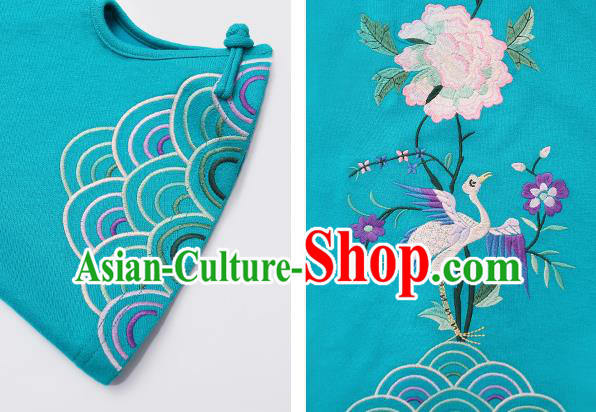 Chinese Traditional National Woman Shirt Costume Tang Suit Embroidered Blue Blouse