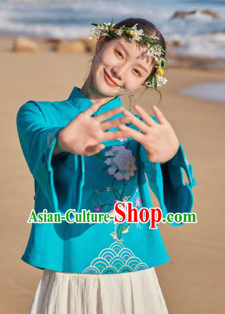 Chinese Traditional National Woman Shirt Costume Tang Suit Embroidered Blue Blouse