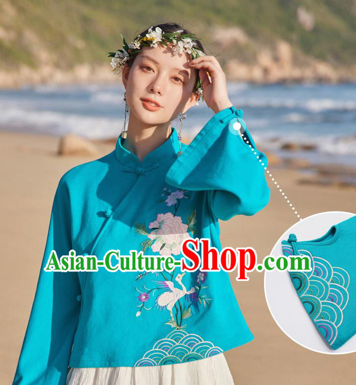 Chinese Traditional National Woman Shirt Costume Tang Suit Embroidered Blue Blouse