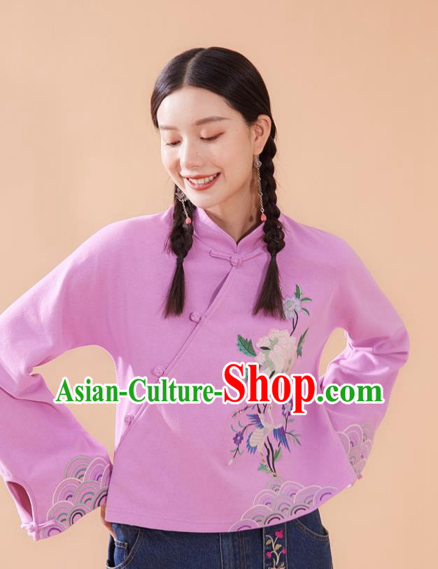 Chinese Traditional Costume Tang Suit Embroidered Pink Blouse National Woman Shirt