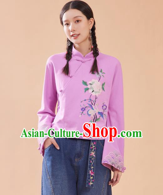 Chinese Traditional Costume Tang Suit Embroidered Pink Blouse National Woman Shirt