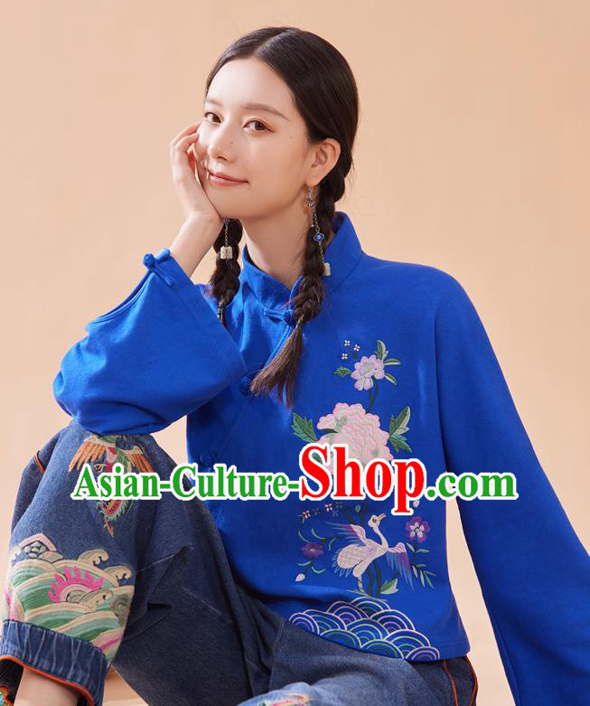 Chinese Tang Suit Embroidered Royalblue Blouse National Woman Shirt Traditional Costume