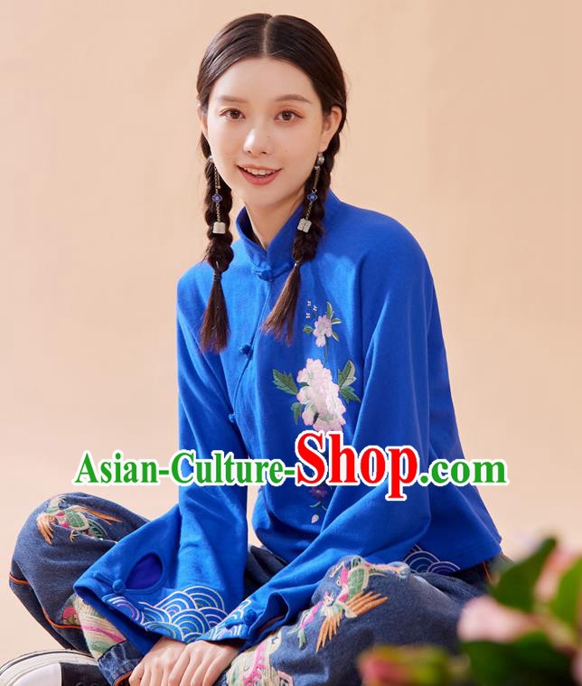 Chinese Tang Suit Embroidered Royalblue Blouse National Woman Shirt Traditional Costume