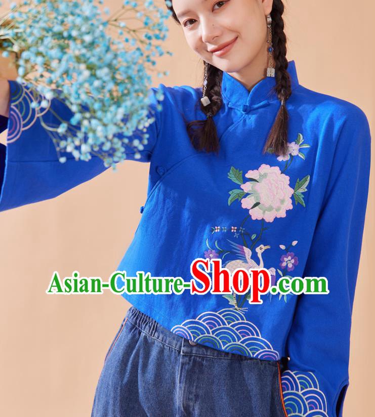 Chinese Tang Suit Embroidered Royalblue Blouse National Woman Shirt Traditional Costume