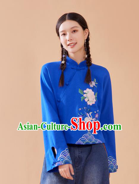 Chinese Tang Suit Embroidered Royalblue Blouse National Woman Shirt Traditional Costume