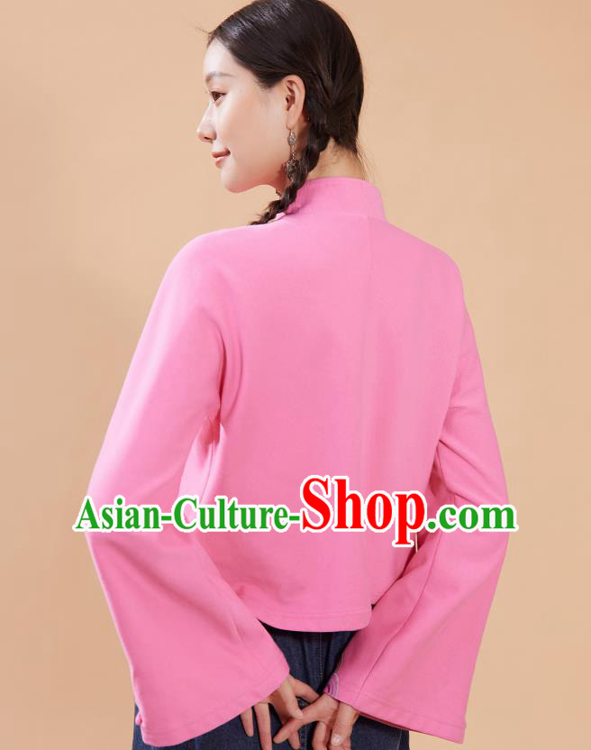 Chinese Traditional Costume Embroidered Pink Blouse National Woman Tang Suit Shirt
