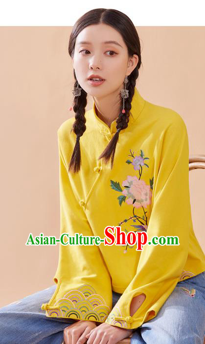 Chinese National Woman Tang Suit Shirt Traditional Costume Embroidered Yellow Blouse