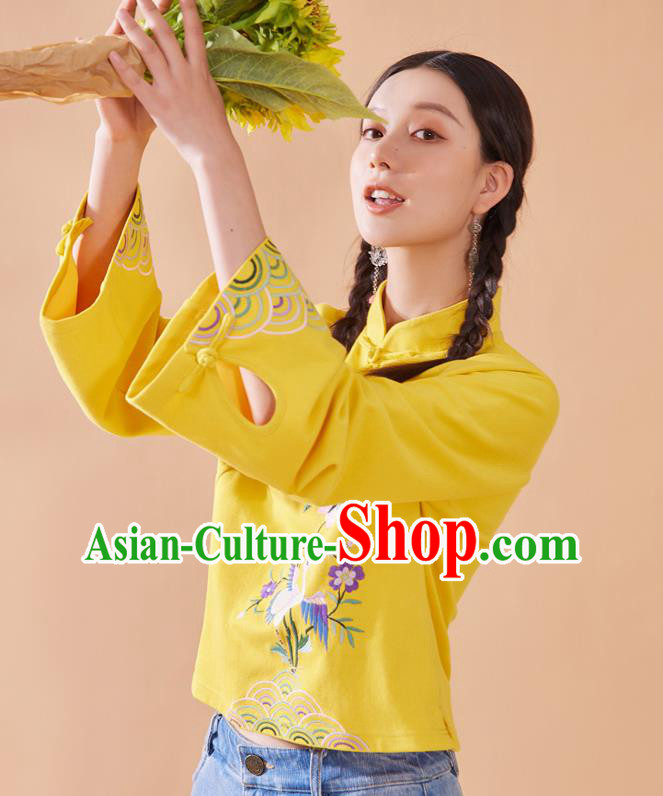 Chinese National Woman Tang Suit Shirt Traditional Costume Embroidered Yellow Blouse