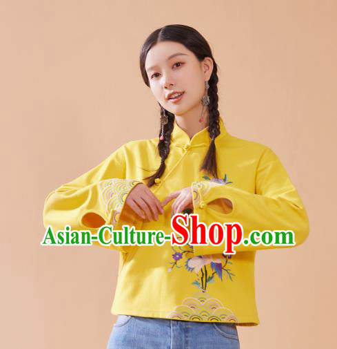 Chinese National Woman Tang Suit Shirt Traditional Costume Embroidered Yellow Blouse