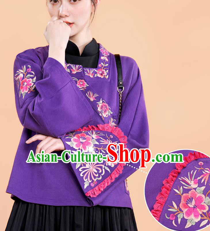 Chinese National Tang Suit Purple Jacket Traditional Woman Costume Embroidered Outer Garment
