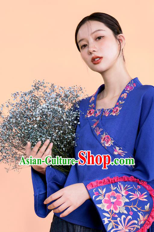Chinese Embroidered Outer Garment National Tang Suit Deep Blue Jacket Traditional Woman Costume