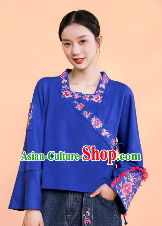 Chinese Embroidered Outer Garment National Tang Suit Deep Blue Jacket Traditional Woman Costume