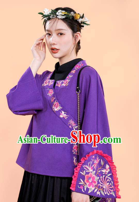 Chinese National Tang Suit Purple Jacket Traditional Woman Costume Embroidered Outer Garment