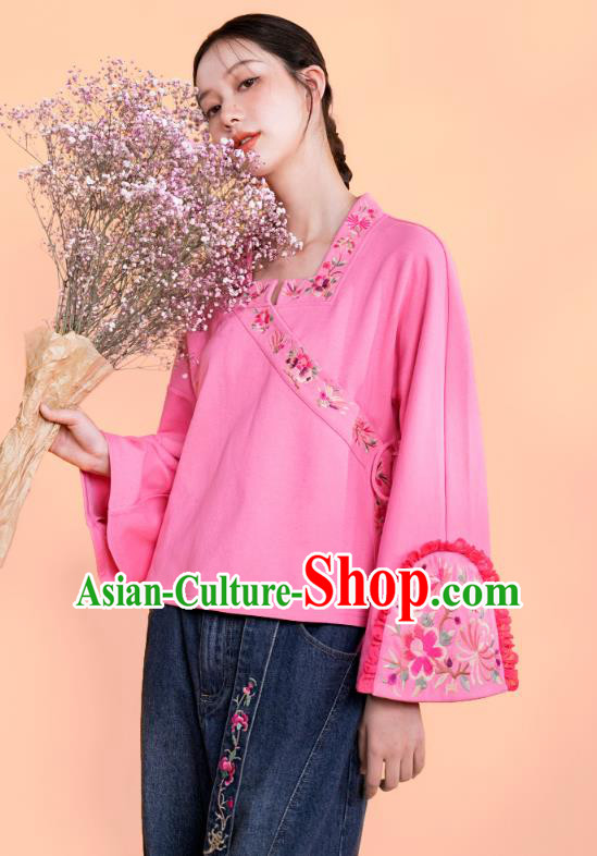 Chinese Traditional Woman Costume Embroidered Outer Garment National Tang Suit Pink Jacket