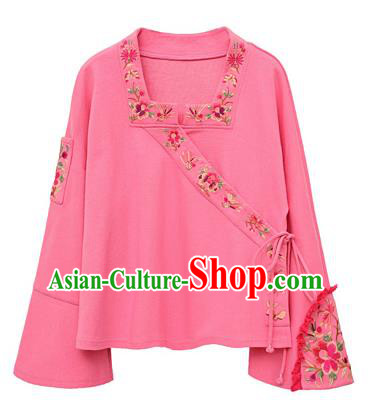 Chinese Traditional Woman Costume Embroidered Outer Garment National Tang Suit Pink Jacket