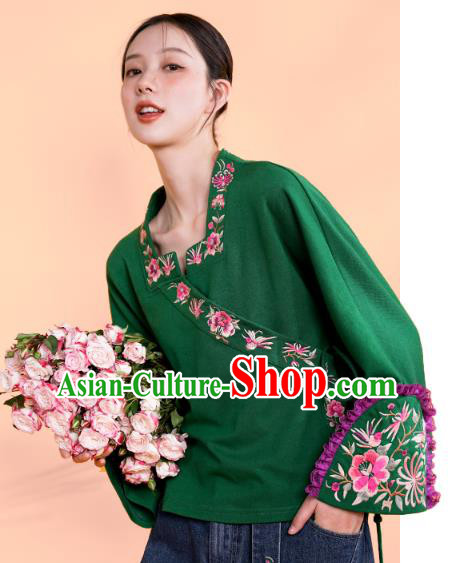 Chinese Traditional National Woman Costume Tang Suit Outer Garment Embroidered Deep Green Jacket
