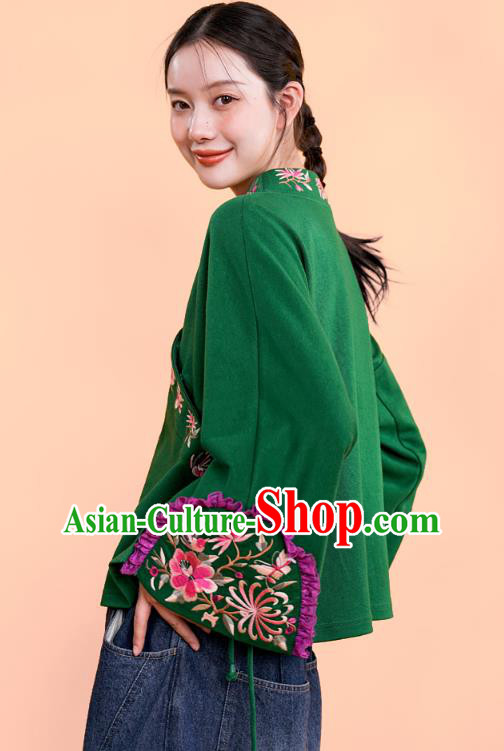 Chinese Traditional National Woman Costume Tang Suit Outer Garment Embroidered Deep Green Jacket