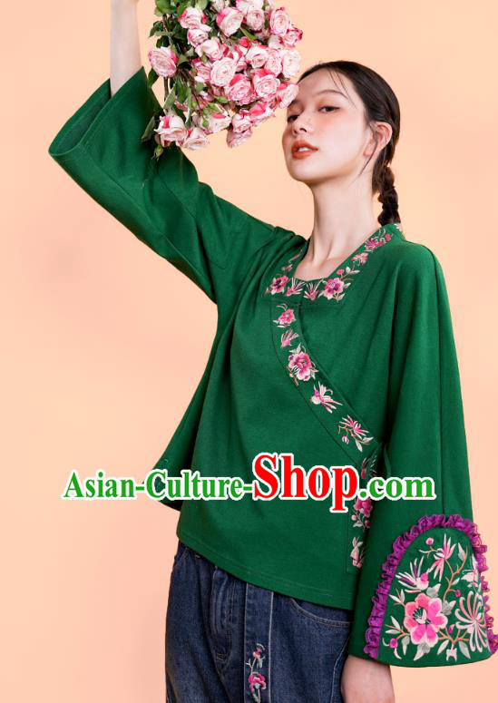 Chinese Traditional National Woman Costume Tang Suit Outer Garment Embroidered Deep Green Jacket