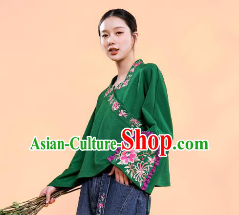 Chinese Traditional National Woman Costume Tang Suit Outer Garment Embroidered Deep Green Jacket