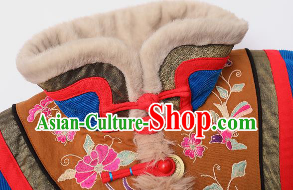 Chinese Traditional National Winter Costume Tang Suit Blue Greatcoat Embroidered Outer Garment