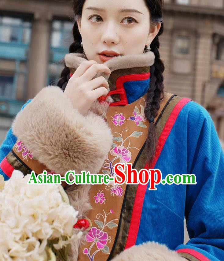Chinese Traditional National Winter Costume Tang Suit Blue Greatcoat Embroidered Outer Garment