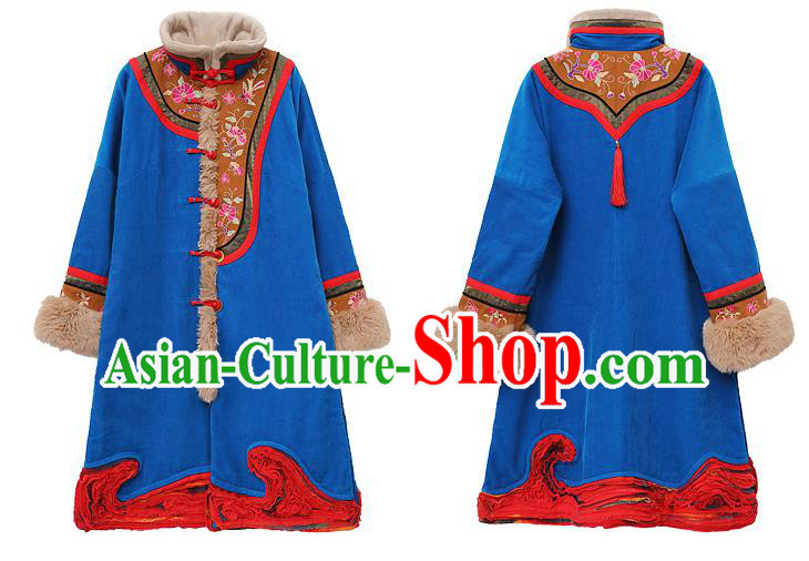 Chinese Traditional National Winter Costume Tang Suit Blue Greatcoat Embroidered Outer Garment