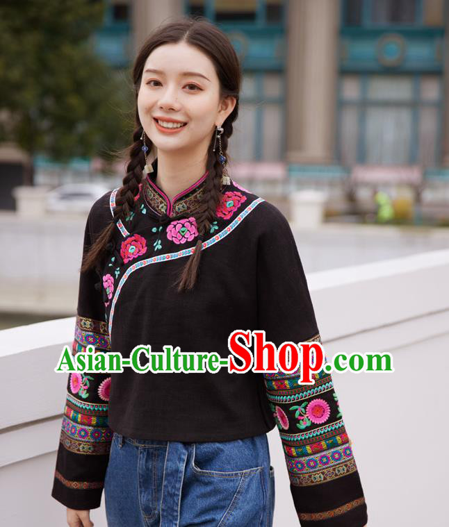 Chinese Traditional National Outer Garment Costume Tang Suit Embroidered Black Jacket