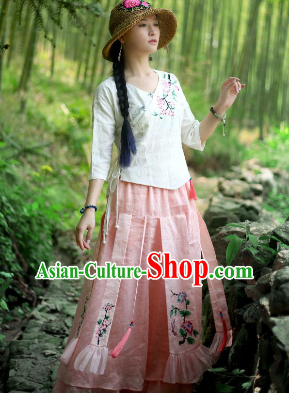 Chinese Embroidered Pink Flax Bust Skirt Traditional National Skirt Li Ziqi Costume