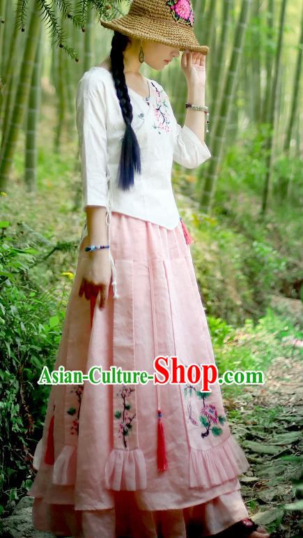 Chinese Embroidered Pink Flax Bust Skirt Traditional National Skirt Li Ziqi Costume