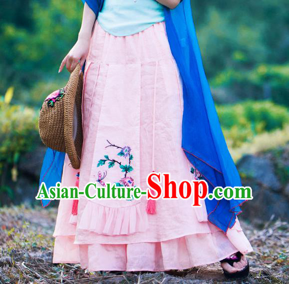 Chinese Embroidered Pink Flax Bust Skirt Traditional National Skirt Li Ziqi Costume