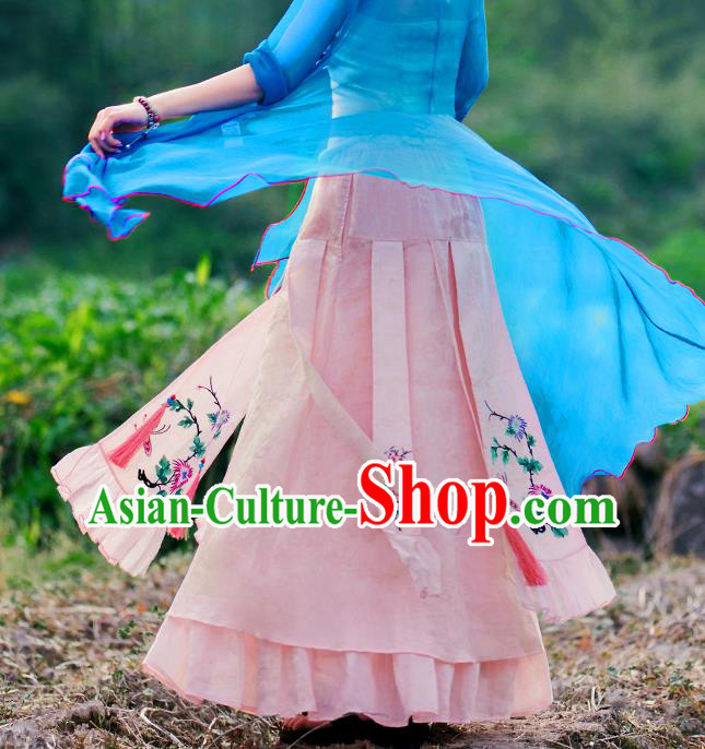 Chinese Embroidered Pink Flax Bust Skirt Traditional National Skirt Li Ziqi Costume