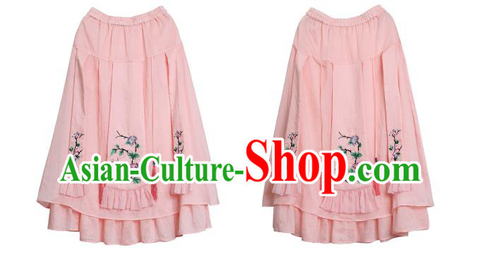 Chinese Embroidered Pink Flax Bust Skirt Traditional National Skirt Li Ziqi Costume