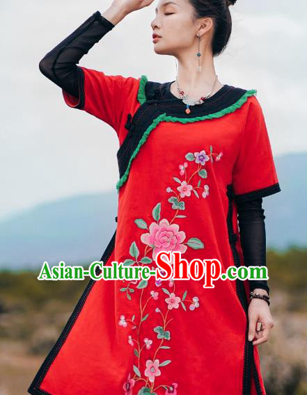 Chinese Traditional National Woman Costume Tang Suit Embroidered Red Long Shirt