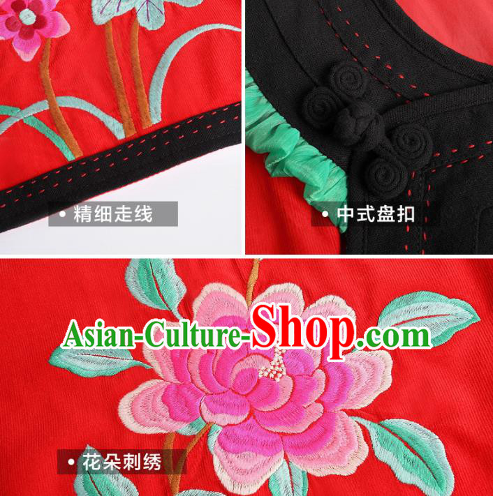 Chinese Traditional National Woman Costume Tang Suit Embroidered Red Long Shirt