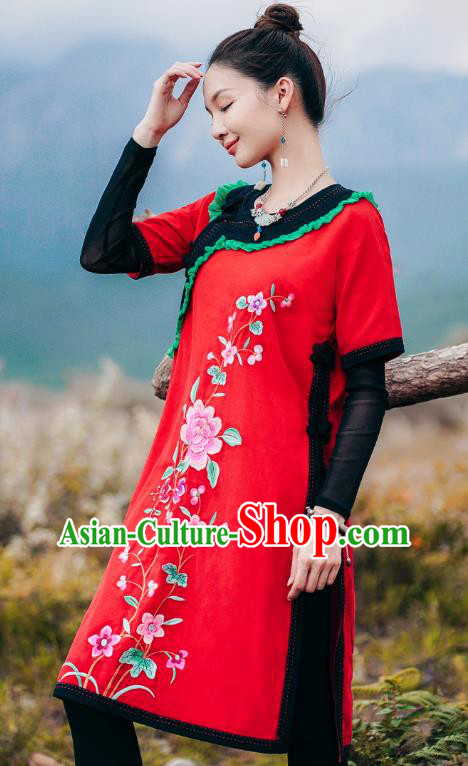 Chinese Traditional National Woman Costume Tang Suit Embroidered Red Long Shirt