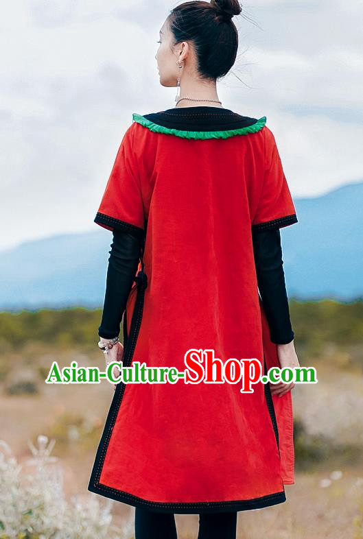 Chinese Traditional National Woman Costume Tang Suit Embroidered Red Long Shirt