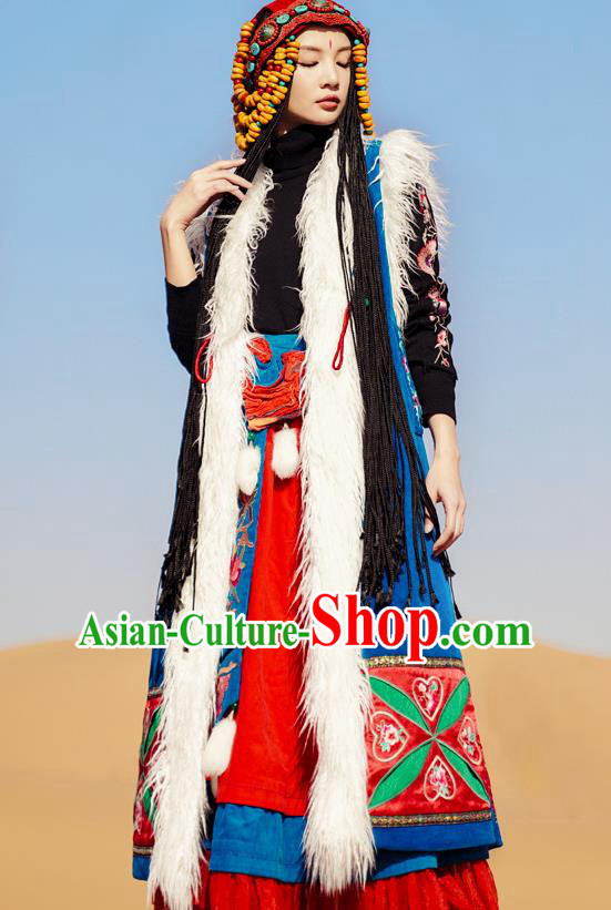 Chinese Traditional Ethnic Woman Outer Garment Costume Tang Suit Embroidered Blue Long Greatcoat