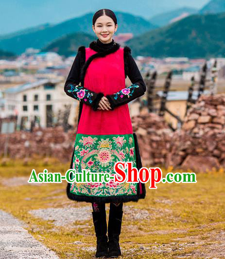Chinese Embroidered Cotton Wadded Red Qipao Dress Traditional National Winter Cheongsam Costume