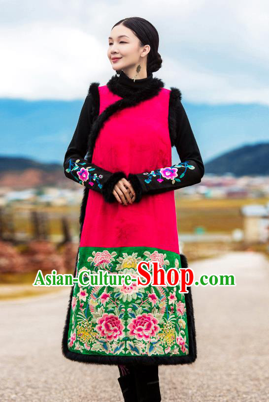 Chinese Embroidered Cotton Wadded Red Qipao Dress Traditional National Winter Cheongsam Costume