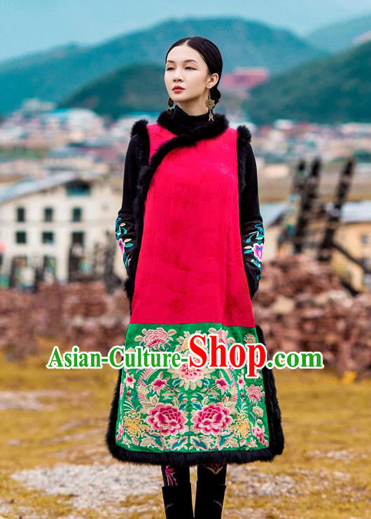 Chinese Embroidered Cotton Wadded Red Qipao Dress Traditional National Winter Cheongsam Costume