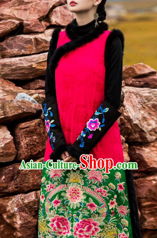 Chinese Embroidered Cotton Wadded Red Qipao Dress Traditional National Winter Cheongsam Costume