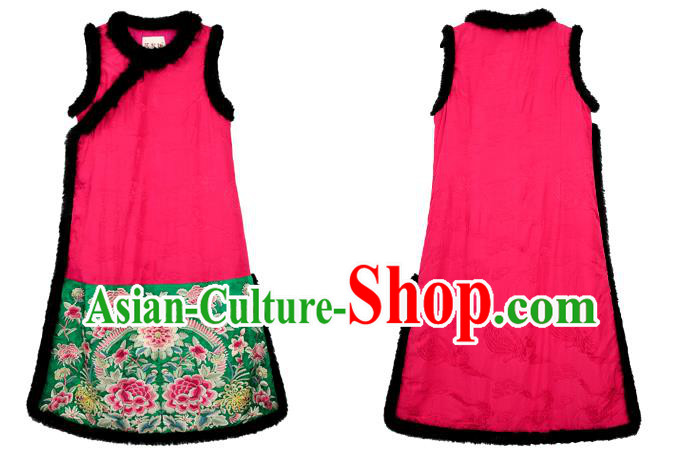 Chinese Embroidered Cotton Wadded Red Qipao Dress Traditional National Winter Cheongsam Costume