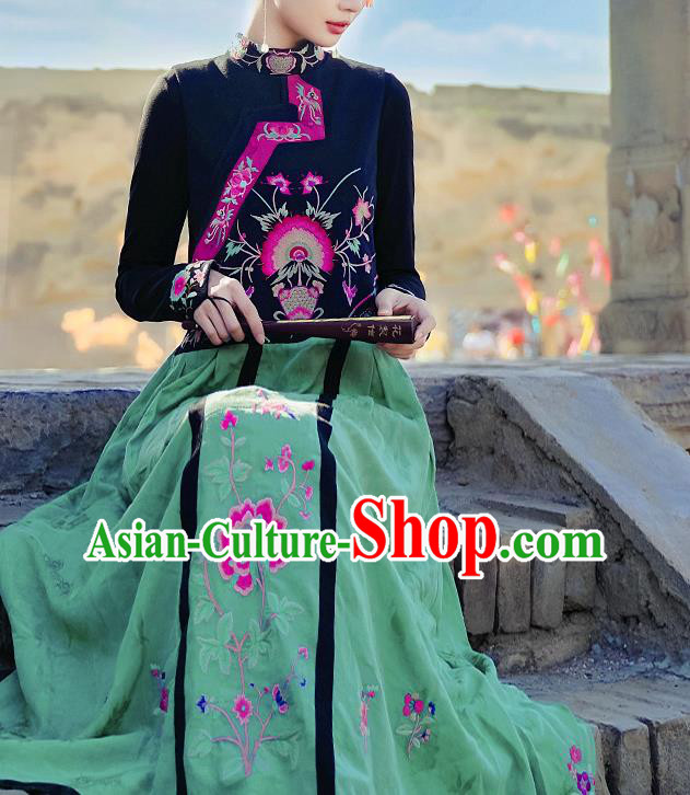 Chinese Embroidered Green Vest Dress Traditional National Cheongsam Costume