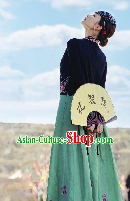 Chinese Embroidered Green Vest Dress Traditional National Cheongsam Costume