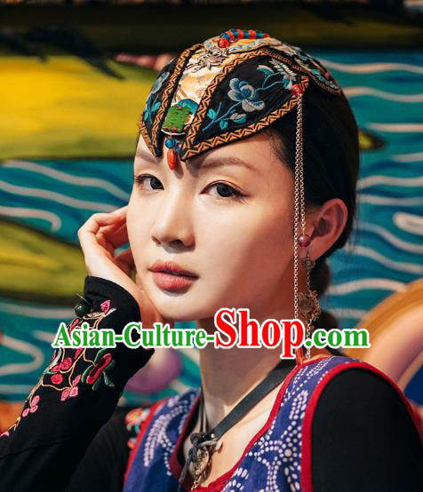 China Handmade National Folk Dance Tassel Headwear Traditional Ethnic Wedding Embroidered Hair Clasp